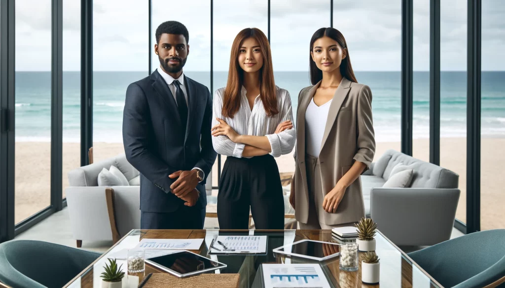 Three diverse financial advisors in a luxurious beachfront office.